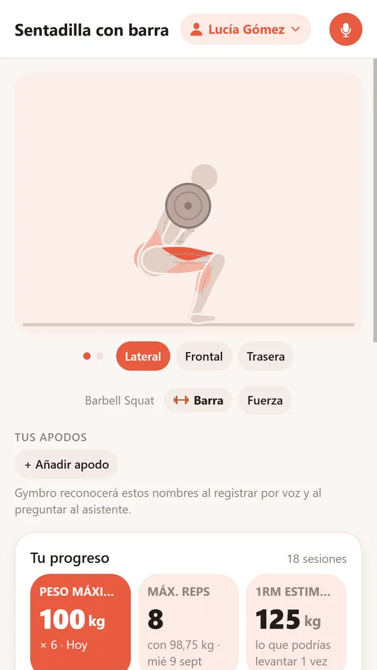 Ficha de un ejercicio con el dibujo del movimiento y los músculos que trabaja