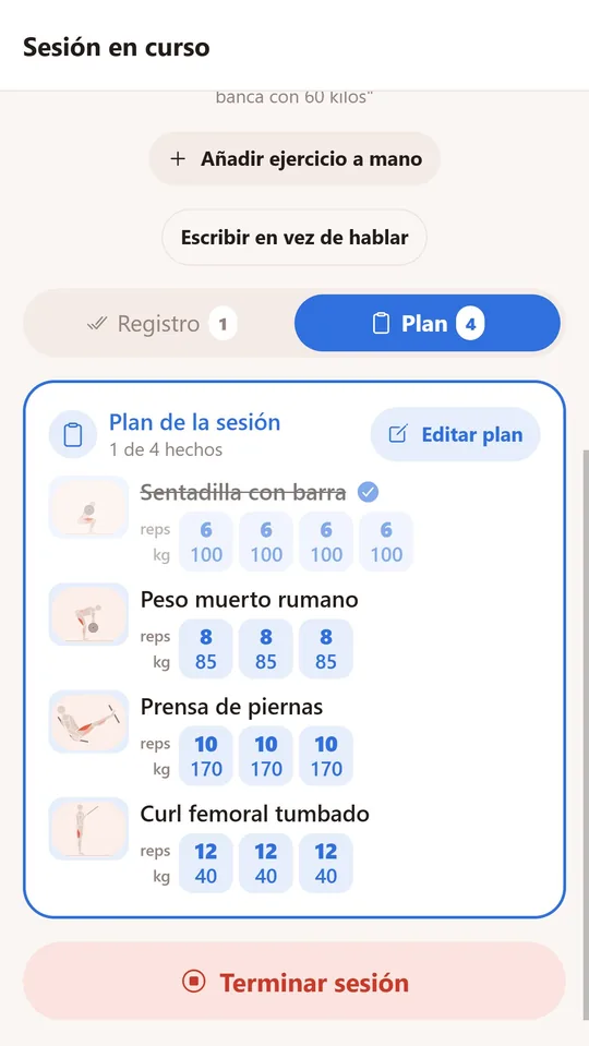 Sesión en curso con el plan del entrenador en azul