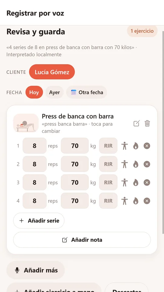 Pantalla de revisar: press de banca con sus series, repeticiones y kilos